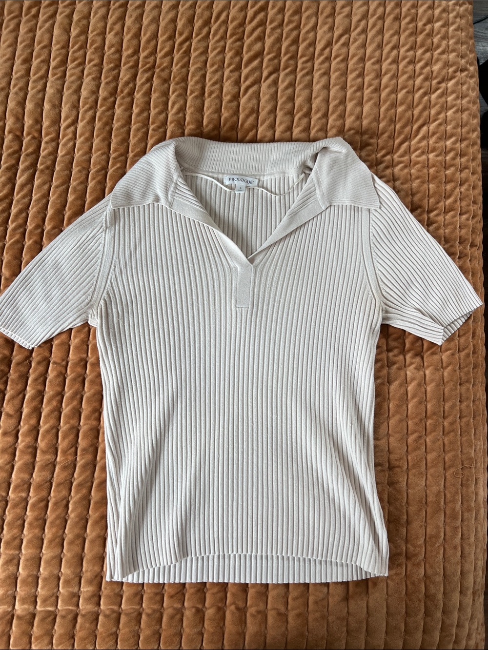 Prologue Cream Ribbed Open-Collar Polo